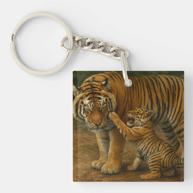 Tiger Tenderness - Parent and Cub in Forest Key Ring (Front)