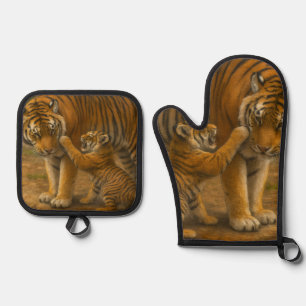 Tiger Tenderness - Parent and Cub in Forest Oven Mitt & Pot Holder Set