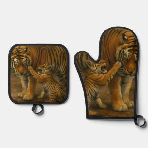 Tiger Tenderness - Parent and Cub in Forest Oven Mitt & Pot Holder Set