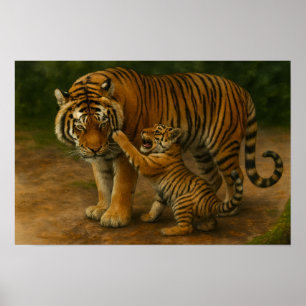 Tiger Tenderness - Parent and Cub in Forest Poster