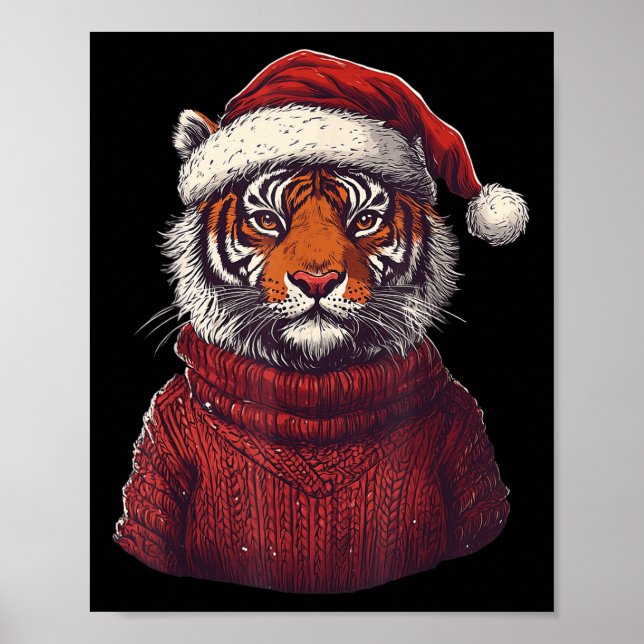 Tiger Ugly Sweater Santa Hat Christmas  Poster (Front)