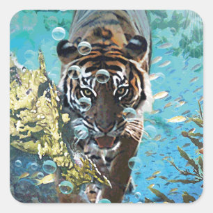 Tiger under water fantasy animal nature square sticker