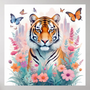 Tiger Vintage Animal Nature Forest Jungle Flowers Poster
