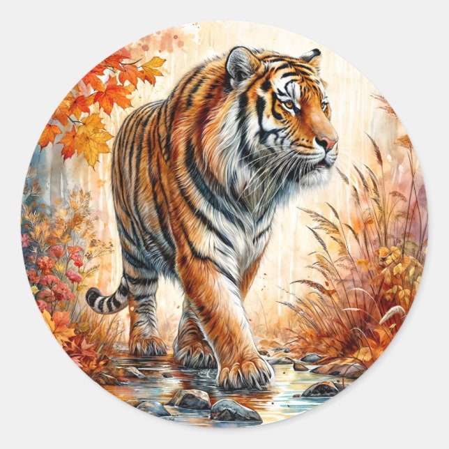 Tiger Walking In Autumn Art Classic Round Sticker (Front)