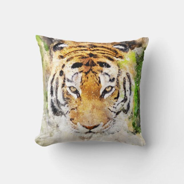 Tiger Watercolor Paint Print Pillow (Front)