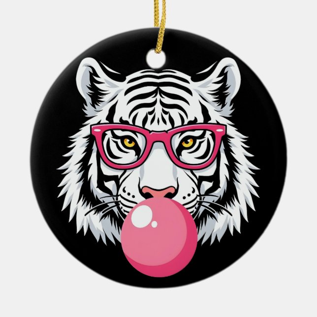Tiger Wearing Glasses and Blowing Pink Bubble Gum Ceramic Ornament (Front)
