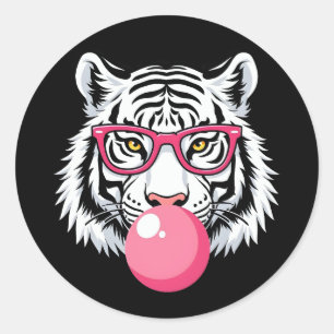 Tiger Wearing Glasses and Blowing Pink Bubble Gum Classic Round Sticker