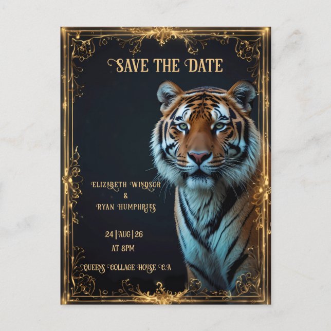 Tiger Wedding Invitation on Black Postcard (Front)