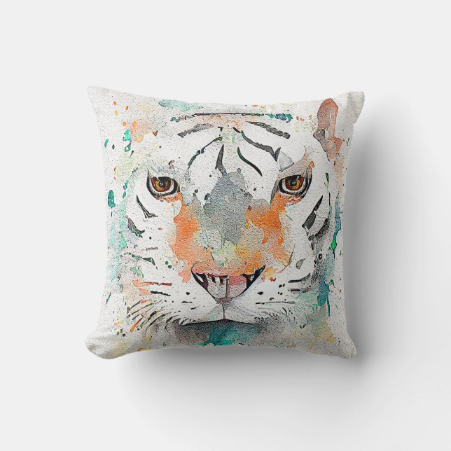 Tiger Wild Animal Nature Watercolor Art Painting Cushion (Front)