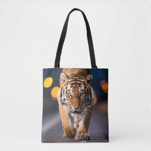 Tiger Wildlife Animal On Street Outdoors Tote Bag