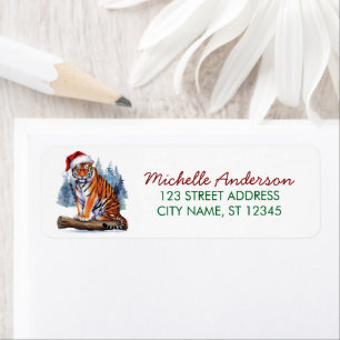 tiger with a Santa hat Christmas Return Address Label