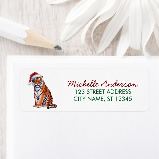 tiger with a Santa hat Christmas Return Address Label (Insitu)
