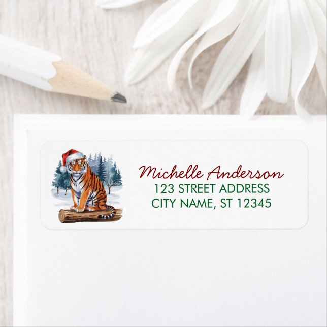 tiger with a Santa hat Christmas Return Address Label (Insitu)