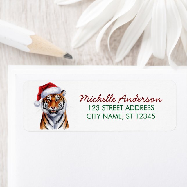 tiger with a Santa hat Christmas Return Address Label (Insitu)