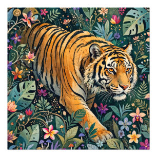 Tiger with Amber Eyes Fantasy Jungle Foliage Photo Print