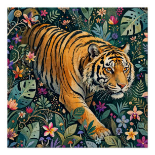 Tiger with Amber Eyes Fantasy Jungle Foliage Poster