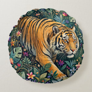Tiger with Amber Eyes Fantasy Jungle Foliage Round Cushion
