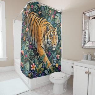 Tiger with Amber Eyes Fantasy Jungle Foliage Shower Curtain