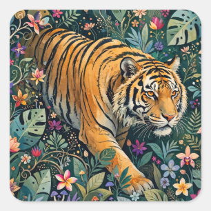 Tiger with Amber Eyes Fantasy Jungle Foliage Square Sticker