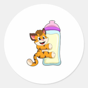 Tiger with Baby bottle of Milk Classic Round Sticker