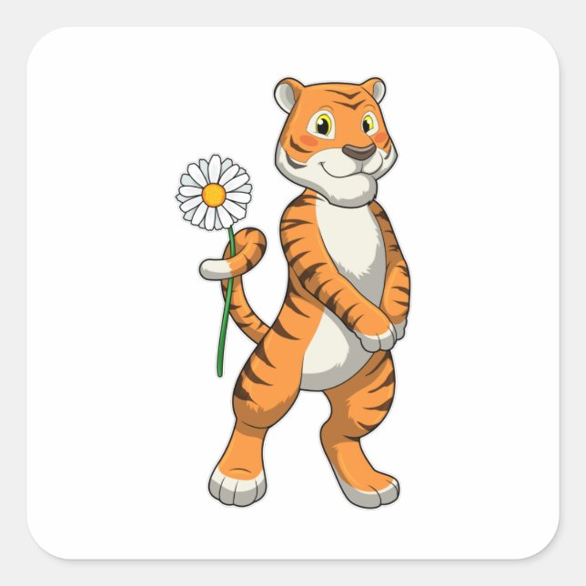 Tiger with Daisy Flower Square Sticker (Front)