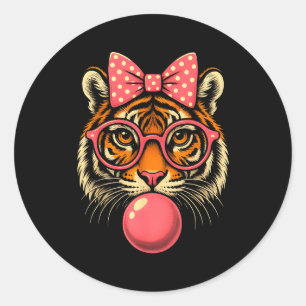 Tiger With Gles Bubblegum And Bow Classic Round Sticker