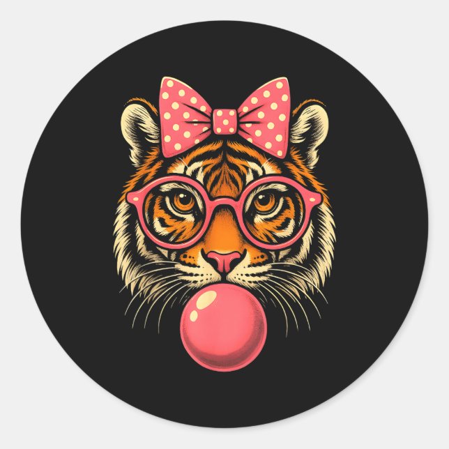 Tiger With Gles Bubblegum And Bow  Classic Round Sticker (Front)