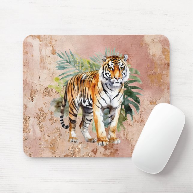 Tiger with Leaves Mouse Pad (With Mouse)