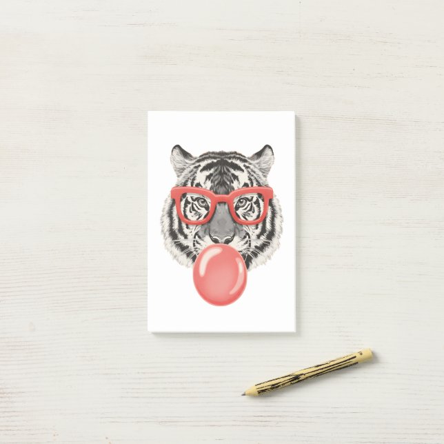 Tiger with Red Glasses & Bubblegum – Quirky Post-it Notes (On Desk)