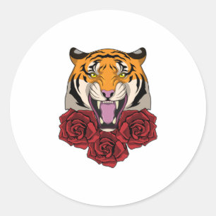 Tiger with Roses Classic Round Sticker