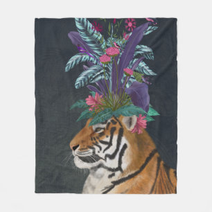 Tiger with Tropical Headpiece Fleece Blanket