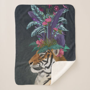 Tiger with Tropical Headpiece Sherpa Blanket