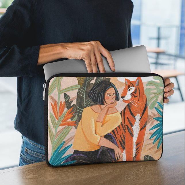tiger woman orange girly landscape illustration laptop sleeve (Creator Uploaded)