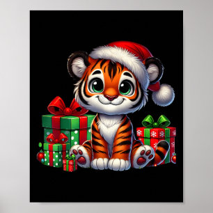 Tiger Xmas Lighting Santa Hat Tiger Christmas Poster
