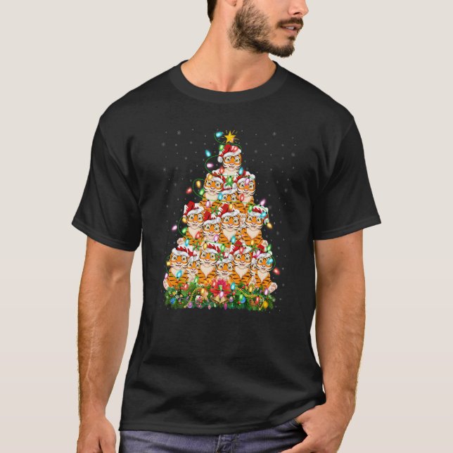 Tiger  Xmas Lights Santa Tiger Christmas Tree T-Shirt (Front)