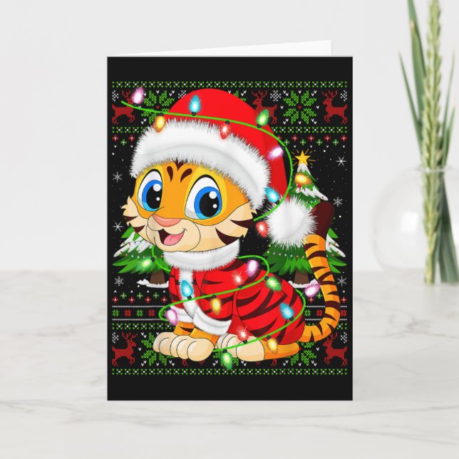 Tiger Xmas Sweater Style Ugly Santa Tiger Christma Card (Front)