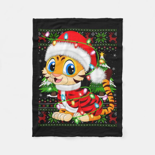Tiger Xmas Sweater Style Ugly Santa Tiger Christma Fleece Blanket (Front)