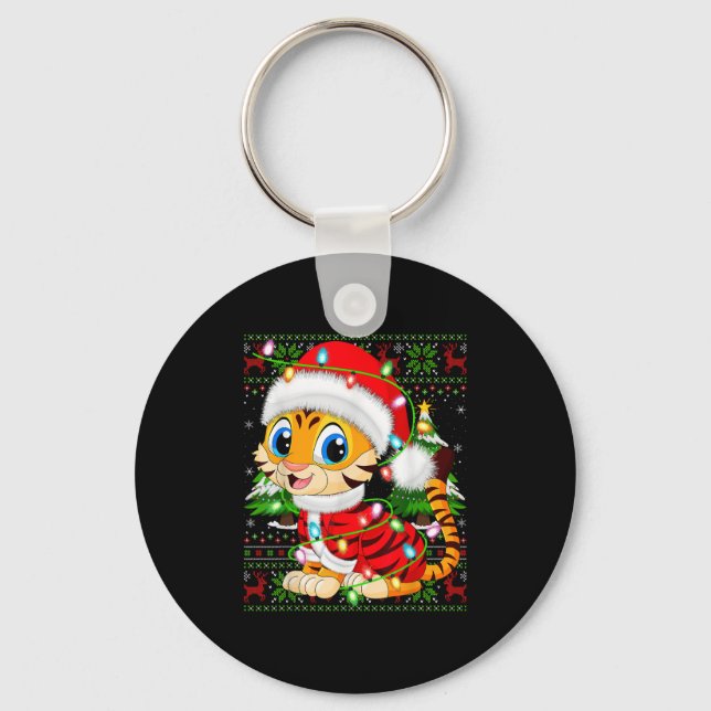 Tiger Xmas Sweater Style Ugly Santa Tiger Christma Key Ring (Front)