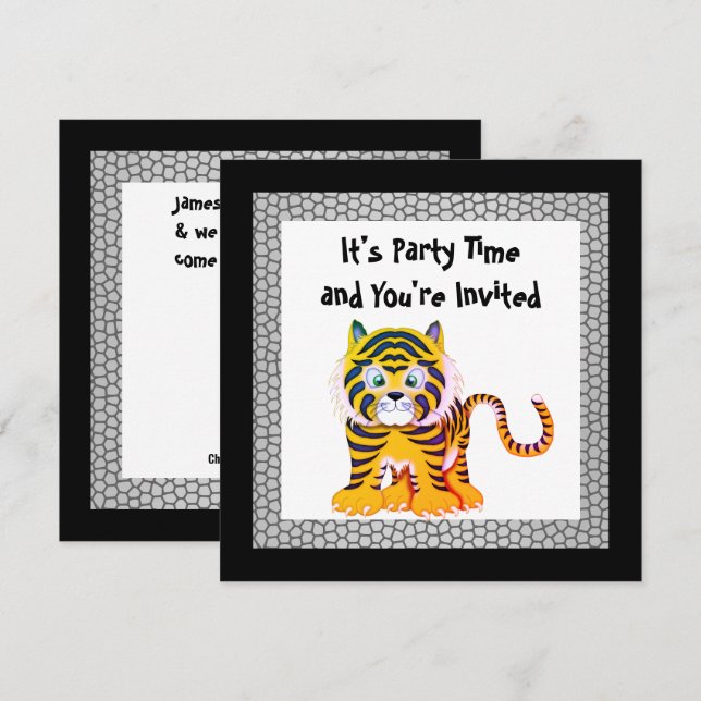 TIGER YELLOW BLACK REPTILE PRINT BIRTHDAY INVITATION (Front/Back)