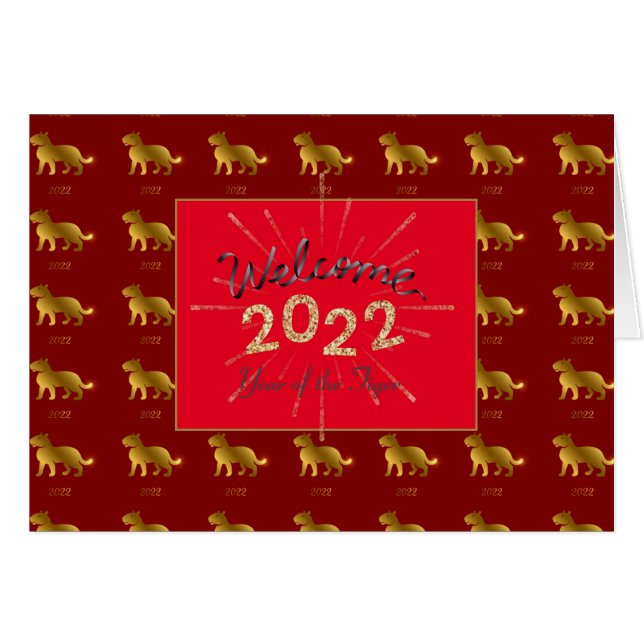 Tiger Zodiac Welcome 2022 Custom Gold Glitter Card (Front Horizontal)