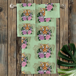 Tigere Henna Pink Purple Flowers Bath Towel Set