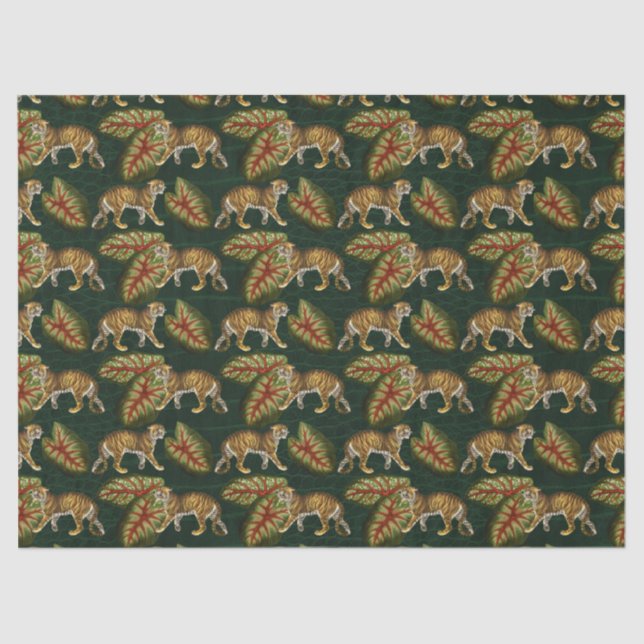 Tigers and Leaves on Green Decoupage Tissue Paper (Front)