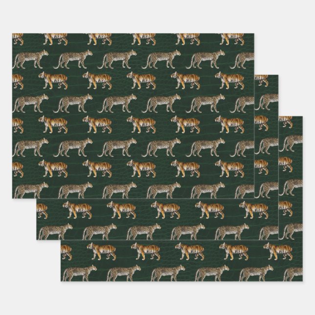 Tigers and Leopards on Green Wrapping Paper Sheet (Set)