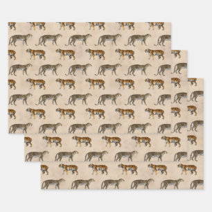 Tigers and Leopards on Tan Wrapping Paper Sheet