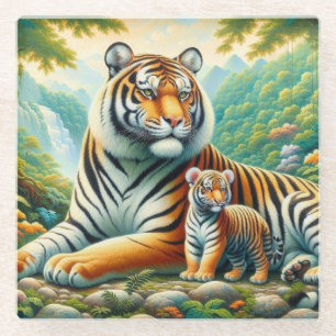 Tigers in a Lush Jungle Paradise Painting Glass Coaster