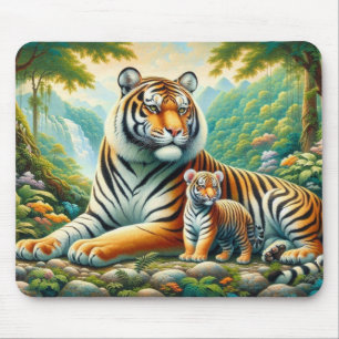 Tigers in a Lush Jungle Paradise Painting Mouse Pad