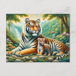 Tigers in a Lush Jungle Paradise Painting Postcard