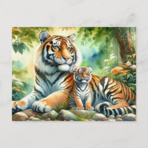 Tigers in a Lush Jungle Paradise Painting Postcard