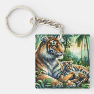 Tigers in a Lush Jungle Watercolor Painting Key Ring