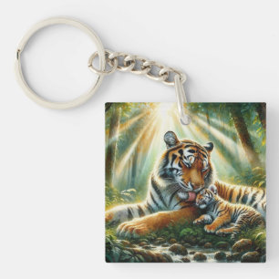 Tigers in a Lush Jungle Watercolor Painting Key Ring
